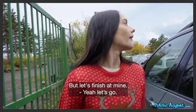 Using money to seduce a delivery girl in a Christmas outfit